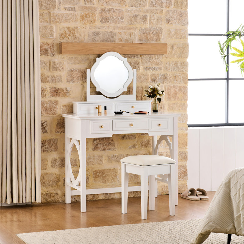 Space - Saving White Dressing Table With Four Leaf Reversible Mirror, Golden Handles, 5 Drawers For Cosmetics, Comfortable Seating Beauty Items, Stool