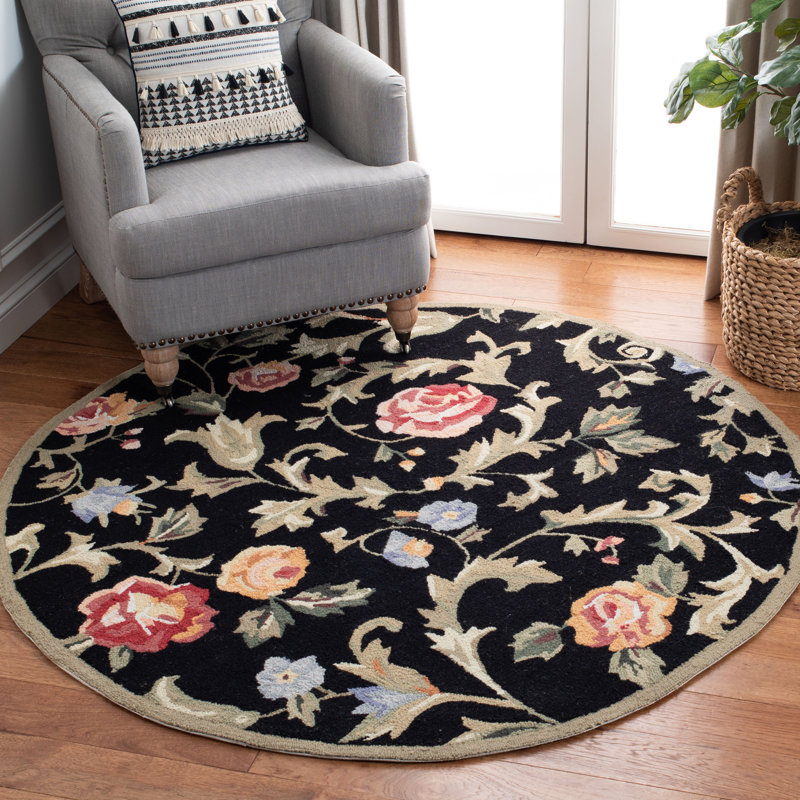 Tapis noir en laine crocheté à la main Hollander, Rond 5 pi 6 po