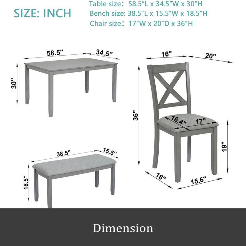 Ensemble de salle à manger de cuisine 6 pièces, table de salle à manger rectangulaire en bois avec 4 chaises rembourrées et un banc, ensemble de table de salle à manger pour 6 personnes, salon, bar et cuisine