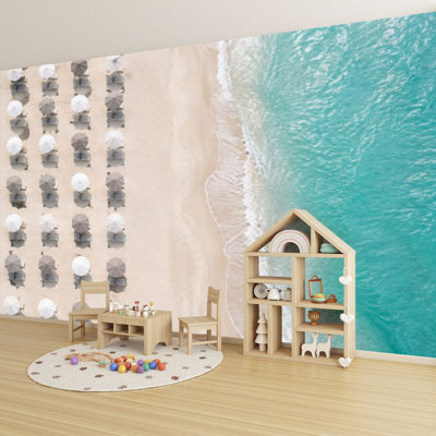 Papier peint adhésif auto-adhésif moderne pour la chambre à coucher Peel and Stick L 69 po x l 96 po - avec vue aérienne de parasols de plage turquoise vagues de sable