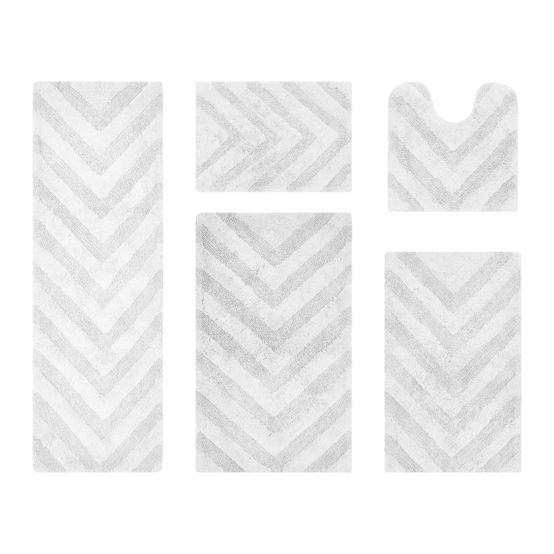 Hugo Premium 100% Cotton 5 Piece Bath Rug Sets with Non-Slip Backing, Machine Washable, Luxurious Chervon Pattern Super Absorbent & Tufted Weave Bath Mat for Bathroom, Shower, and Tub