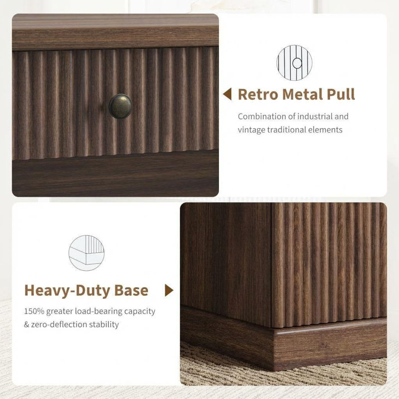 54" Brown Modern Fluted Executive Desk Wooden Writing Computer Table with File Drawers Storage Cabinet & Charging Station Home Office or Small Spaces