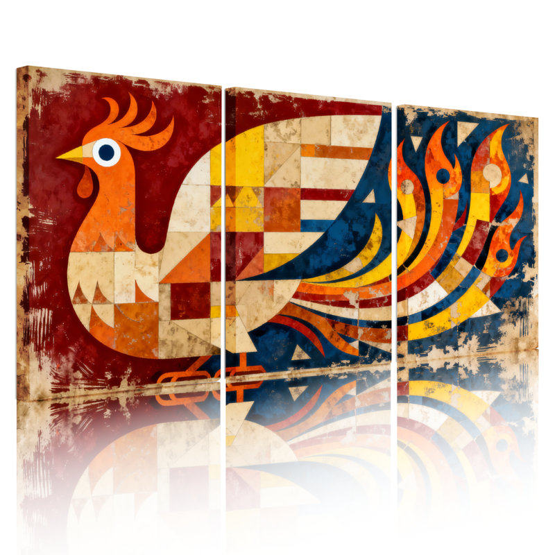 Tableau abstrait géométrique représentant un coq (lot de 3), H 30 po x l 60 po