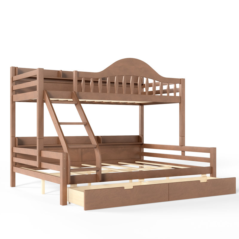 Lit superposé en bois massif (Twin XL + Queen) avec tiroirs de rangement et étagères latérales, barrière de sécurité incurvée, échelle, sommier non requis, couleur naturelle profonde