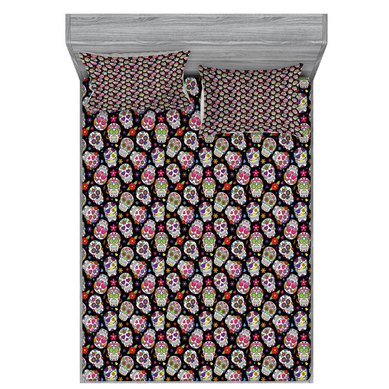 Sugar Skull Microfiber Sheet Set, Queen Sheet Set with Fitted Sheet