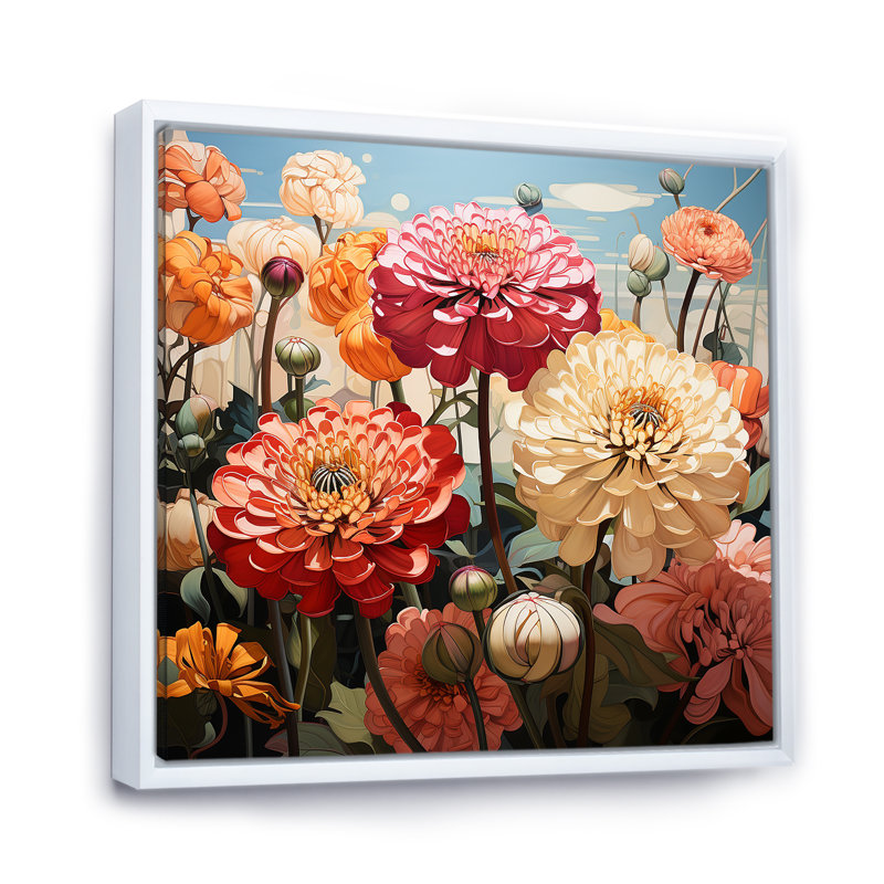 Zinnias avec leurs formes courbes I, reproduction sur toile, Cadre flottant blanc, H 24 po x l 24 po x P 1 po