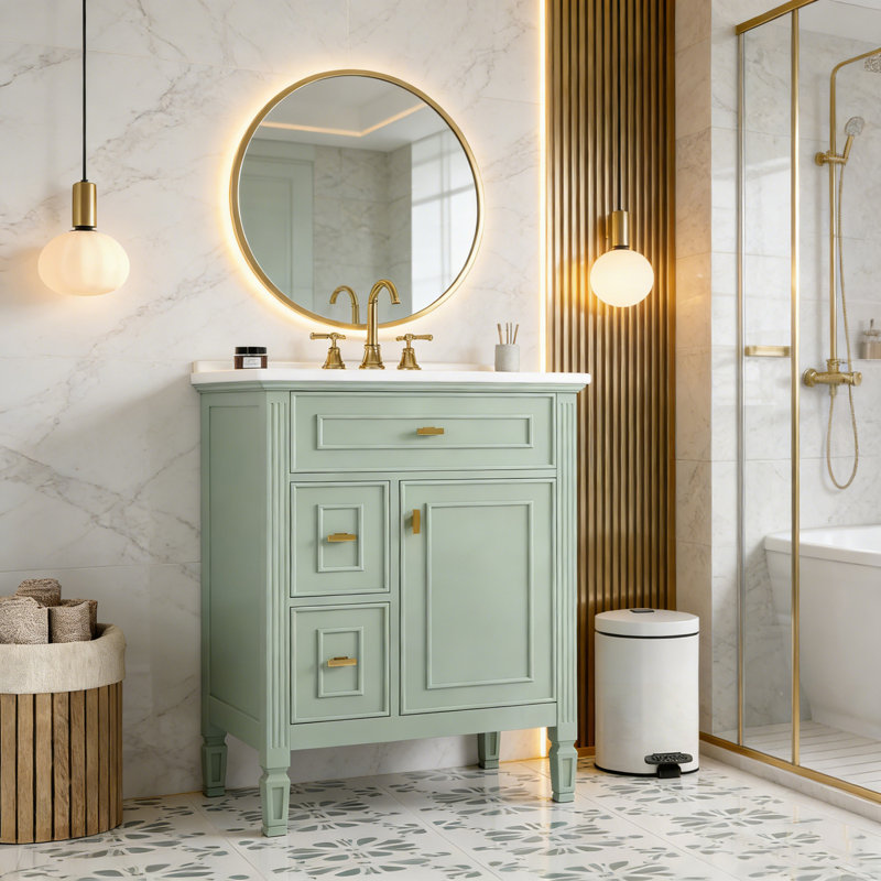 Meuble-lavabo de salle de bain avec lavabo, deux tiroirs et tablette de porte, Vert