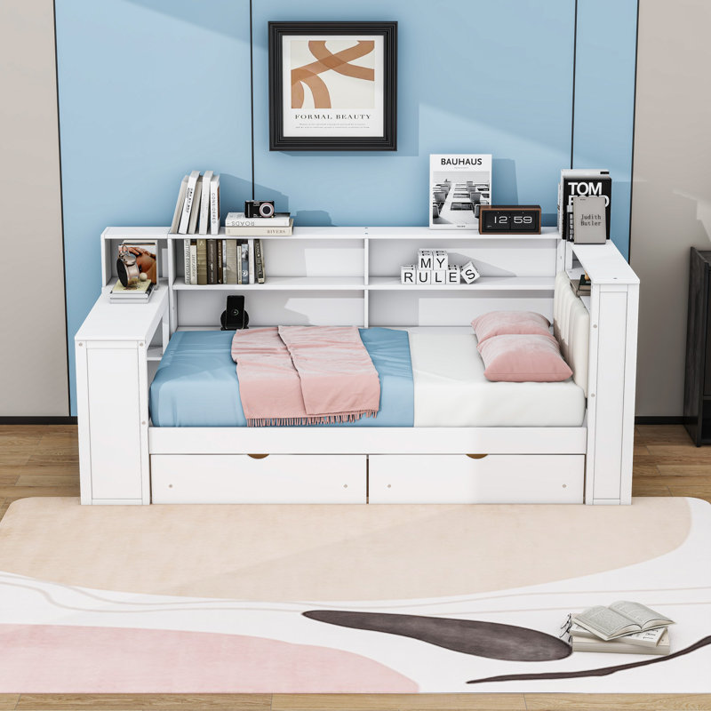 Lit de jour en bois avec tablettes, tiroirs, station de charge, DEL et bureau, Simple, Blanc / Blanc