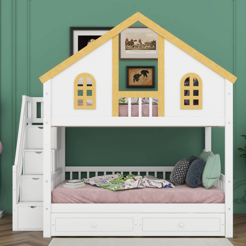 Full Size Wooden House Roof Bunk Bed With Window Door And Roof, Playhouse Bunk Bed With Drawers And Staircase, Full Over Full