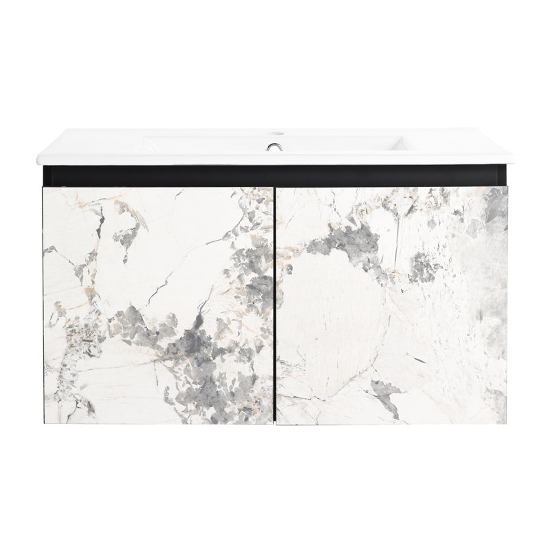 Meuble-lavabo de salle de bain avec porte à fermeture en douceur et lavabo en céramique - noir, armoire moderne