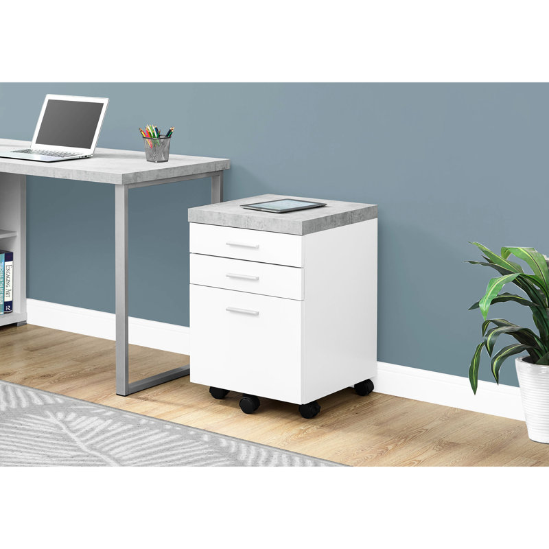 Classeur à roulettes moderne avec compartiments de rangement, fonction de bureau en stratifié de ciment blanc et gris,