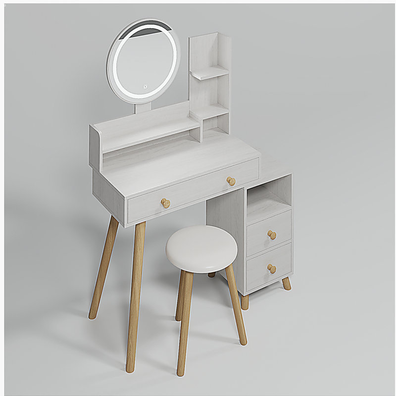Round Mirror Bedside Cabinet Vanity Table + Cushioned Stool,With 2 AC Power + 2 USB Socket,17" Diameter LED Mirror,Touch Control,3-colour,Brightness Adjustable,Large Desktop,Multi-layer Storage