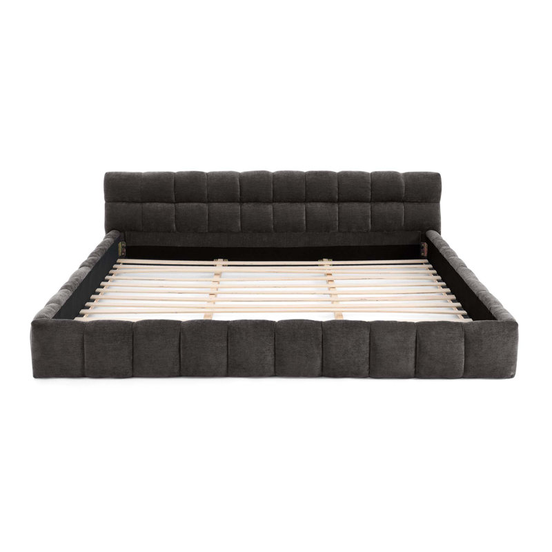 California King Size Upholstered Bed Frame With Thick Fabric, Chenille Fabric Grounded Platform Bed With Headboard And Solid Frame