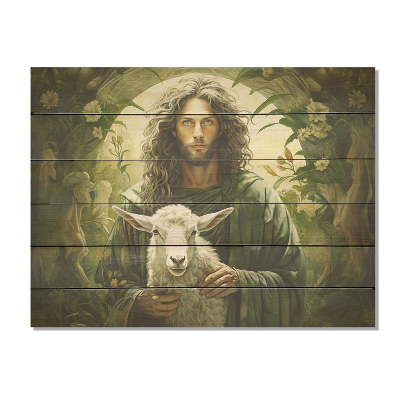 The Good Shepherd Pastoral Green Jesus - Christianity Wood Wall Art On Natural Pine Wood, 10" H x 20" W