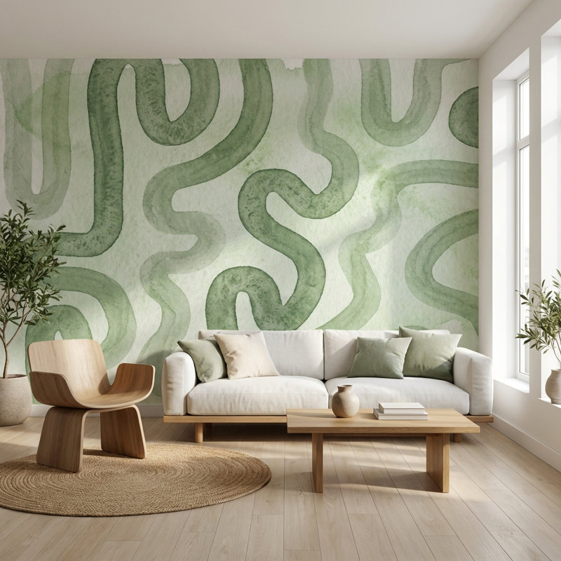 Décoration murale abstraite à motif de papier peint vert, 120" x 96", Peler et coller