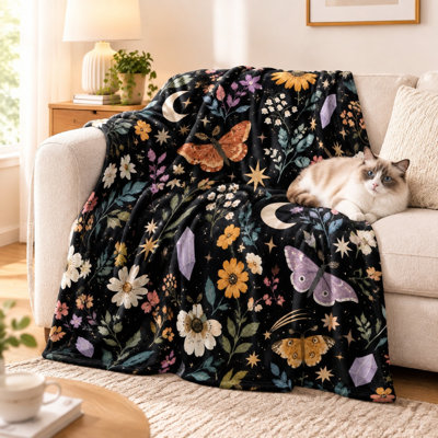 Couverture en flanelle à imprimé floral papillon céleste (1 pièce) – Design bohème enchanteur ; Douce et chaude pour relaxer à la maison ; Décoration parfaite pour le salon ou la chambre à coucher ; Idée cadeau originale ; Articles de literie et de sofa