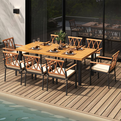 9 Pcs Patio Dining Table Chair Set, 79 In. L Dining Table With Umbrella Hole