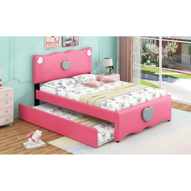 Lit plateforme tapissier avec lit gigogne et décoration en forme de cœur, Double