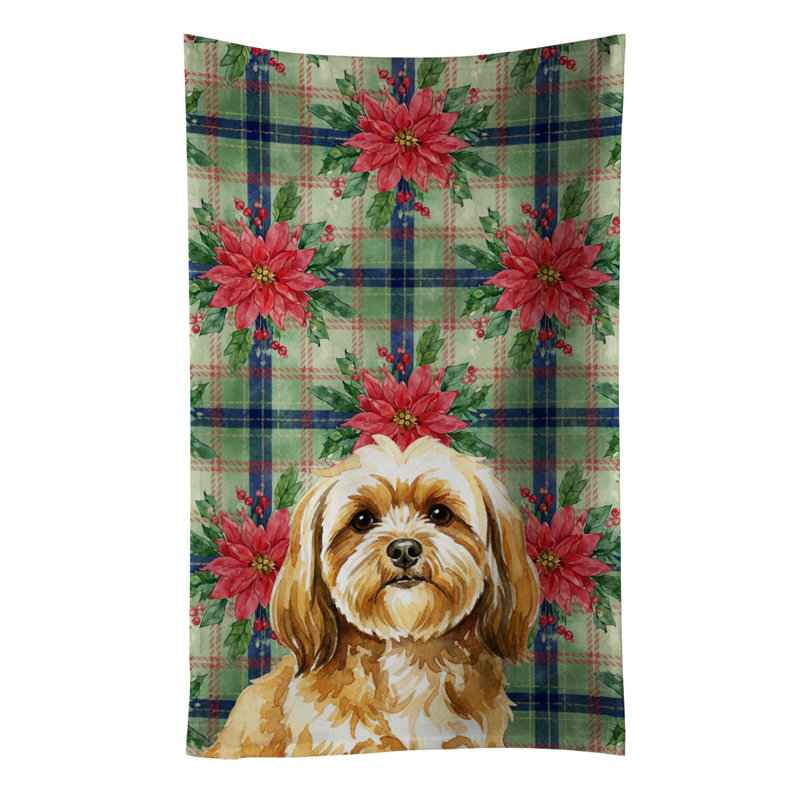 Gold Lhasa Apso Christmas PoinsettIas Kitchen Towel, Gold Lhasa Apso
