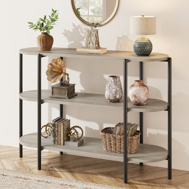 Console industrielle moderne à 3 niveaux avec tablettes ouvertes - Table d'appoint peu encombrante pour le vestibule, le salon ou le couloir - Structure en métal durable - Solution de rangement élégante - Gris