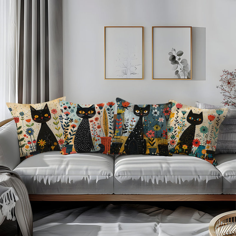 4 housses de coussin décoratif motif chat et fleur