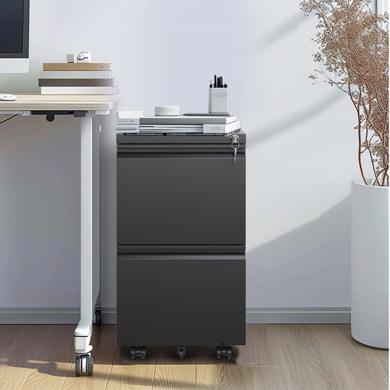 Rolling File Cabinet With Lock, Metal Mobile File Cabinet With 2 Drawers And 2 Keys, Black