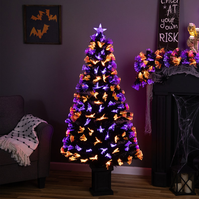 Arbre d'Halloween artificiel en fibre de pin 8 fonctions - 5 pi - noir - orange et mauve à DEL, 60" H x 30" W x 30" D