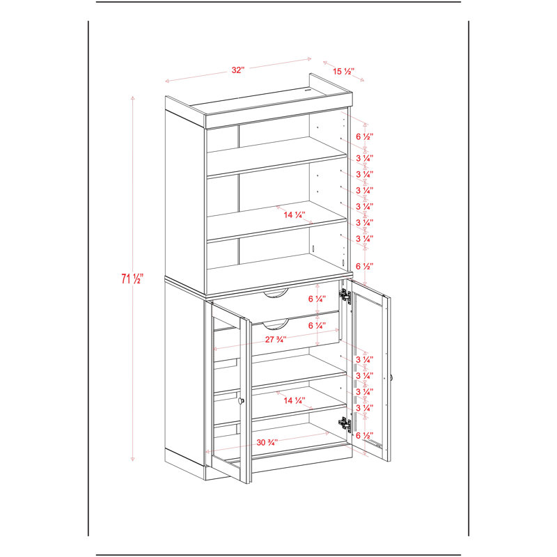 Garde-manger 100% bois massif Kaniesha 32 po avec portes en verre transparent, 2 tiroirs et tablettes réglables, Teal
