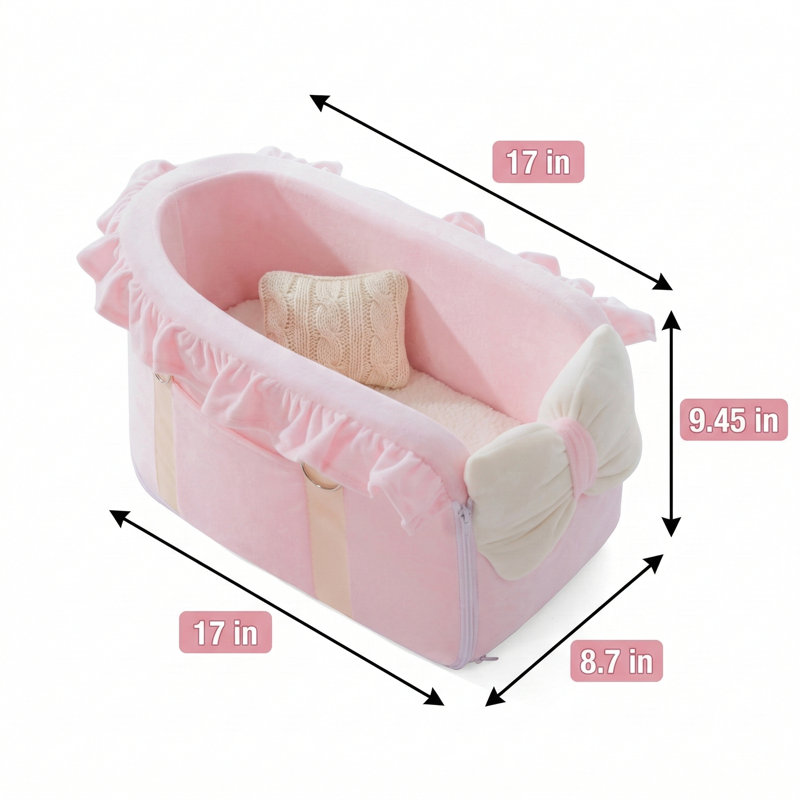 Siège d'appoint à console centrale entièrement amovible avec sangles réglables; présente un design d'arc décoratif; siège portable portatif convenant aux chiots et aux chats; Finition rose.