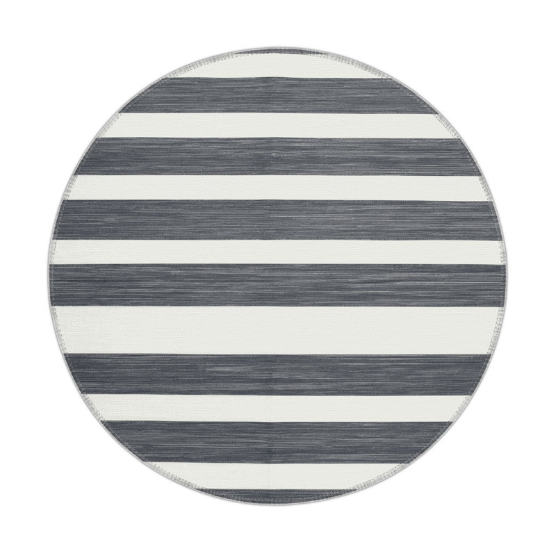HorizontalStripes White Indoor and Outdoor Area Rug, Round 5'