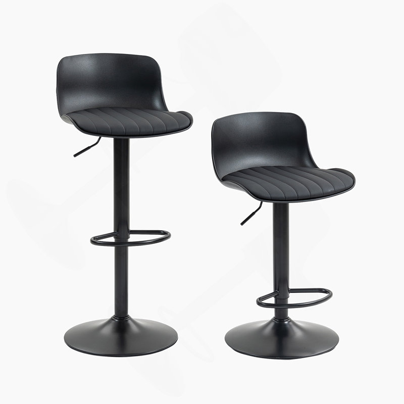 Modern PU Leather Counter Height Barstools With Back, Adjustable Swivel Kitchen Island Chairs, Set Of 2, Armless, Large Base-Black