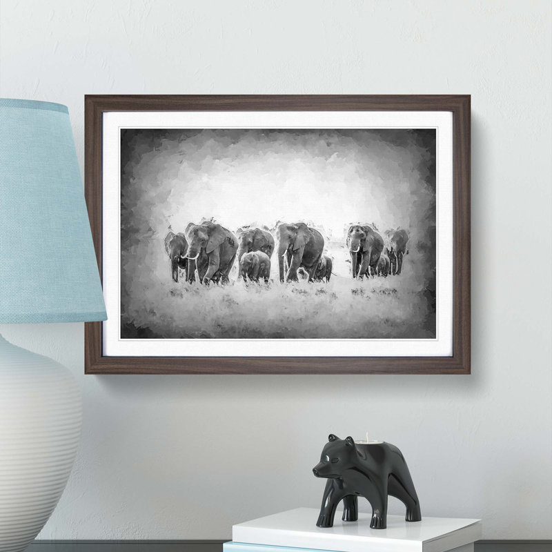 Herd of Elephants Roaming in Abstract - Picture Frame Painting Print, 62cm H x 87cm W x 2cm D, Walnut Framed