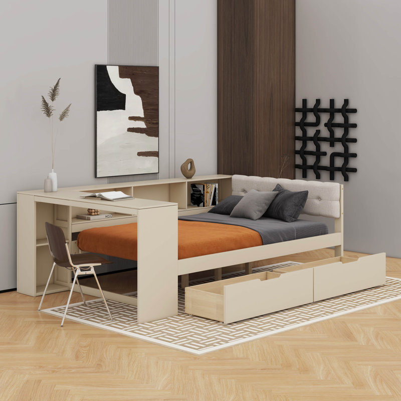 Lit plateforme double avec tablettes, tiroirs, station de charge et tête de lit tapissier, Crème, crème, Lit double