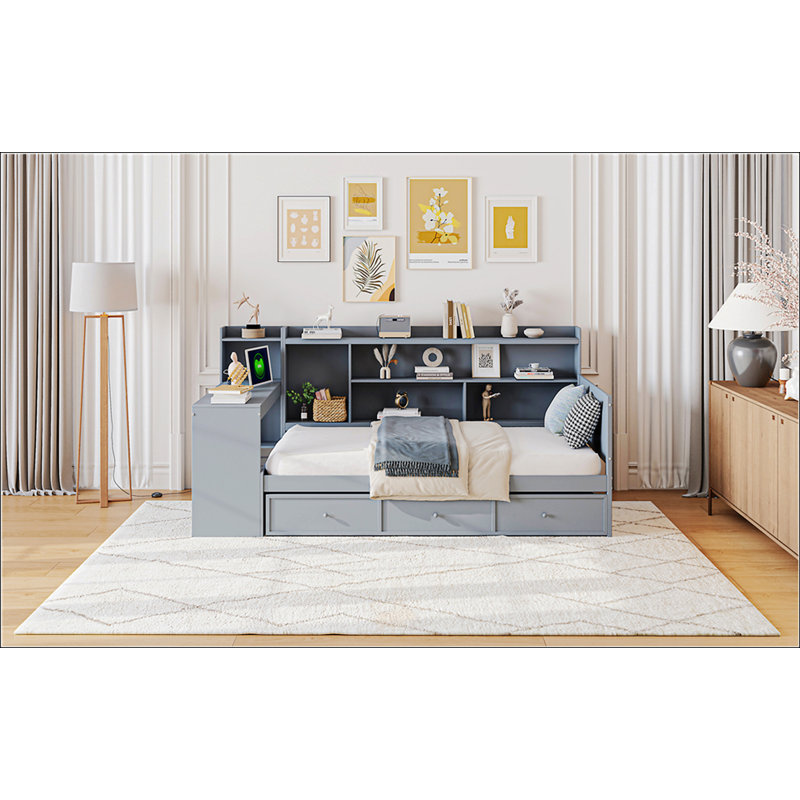 Lit de jour polyvalent en bois avec rangement et bureau intégré pour une fonctionnalité et un style ultimes