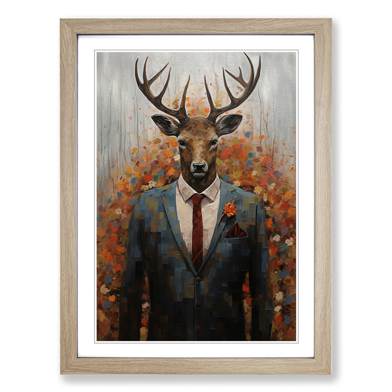 Stag Expressionism - Single Picture Frame Print on Wood, Oak, 34cm H x 25cm W x 2cm D