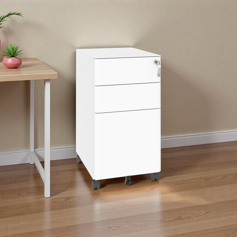 3-Drawer Mobile File Cabinet With Lock, All-Steel Metal Storage On Wheels, Two Shallow & One Deep Drawer For Office/Home, Fully Assembled, White, 110Lbs/Drawer, Anti-Tip Design