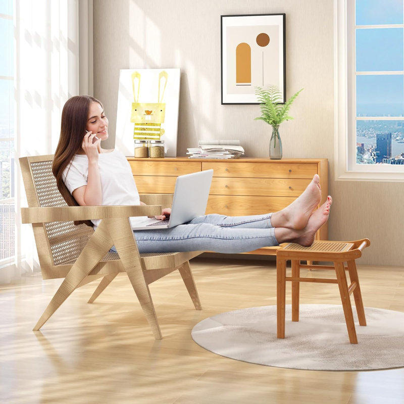 Tabouret de meuble-lavabo, repose-pieds en bambou avec siège en rotin, patins antidérapants, banc de maquillage pour fauteuil de chambre à coucher, capacité de 265 lb, 15 po x 16 po x 17 po