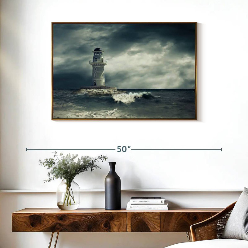 Phare sous les nuages de la tempête, Cadre flottant doré, 37 po x 25 po
