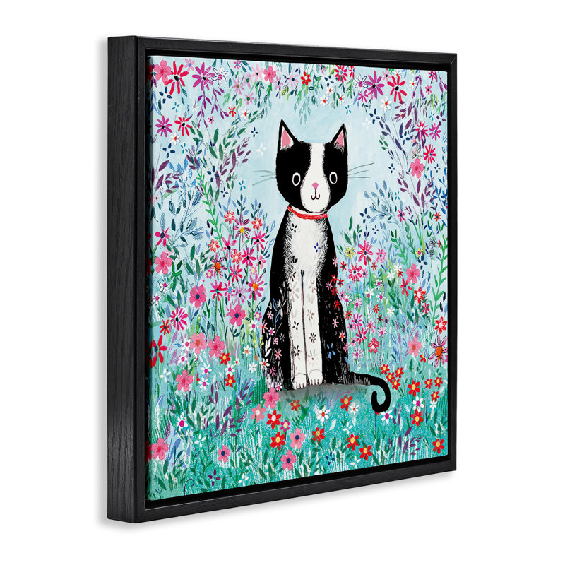 Cadre noir chat noir avec marguerites fantaisistes, design par Clare Tupper, Cadre flottant noir de jais, H 18 po x l 18 po