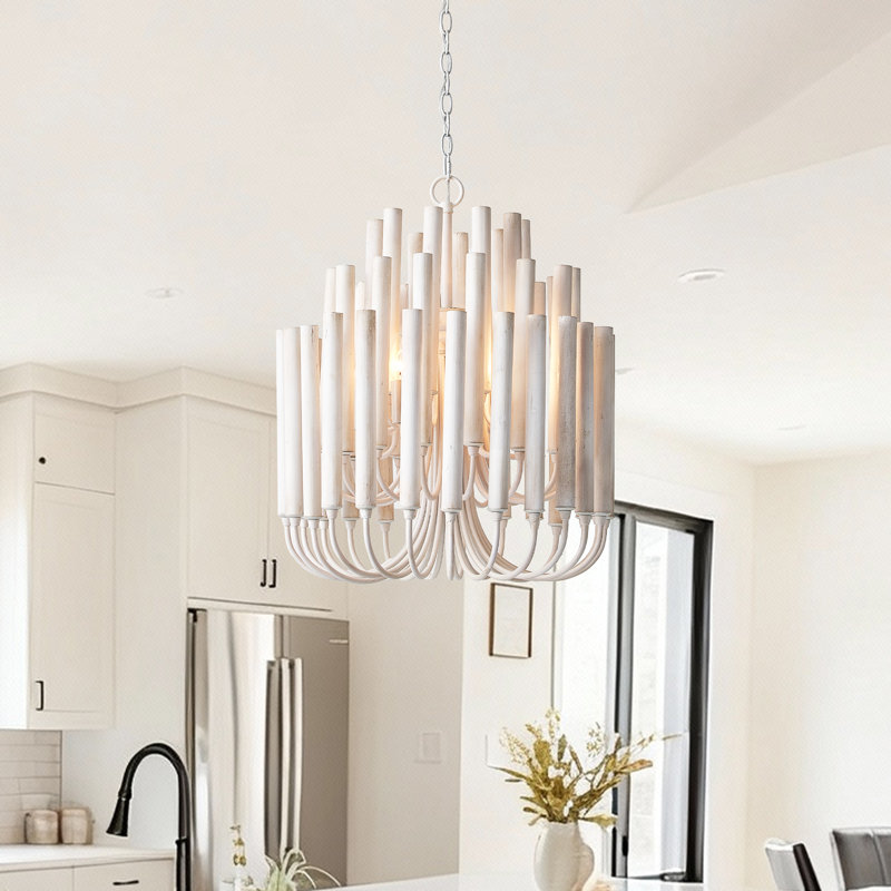 Boho 20" White 3-Tiered Wood 5-Light Dimmable Chandelier With Adjustable Chain