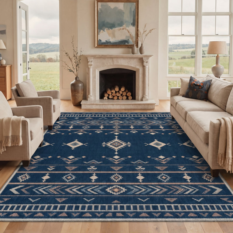 Tapis bleu marine / ivoire lavable à la machine avec envers antidérapant, Rectangle 6 pi x 9 pi