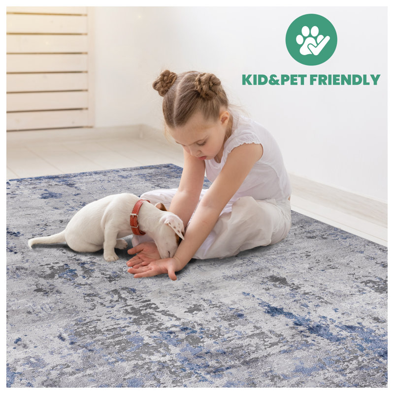 MARFI Modern Abstract Area Rug 5x7 - Silver & Blue Stain Resistant Machine Woven Carpet for Living Room