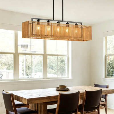 5-Light Linear Rattan Chandelier for Dining Room, 40 Inch Hand Woven Boho Rectangle Ceiling Light, Wicker Kitchen Island Pendant for Bar Over Table, Farmhouse Natural and Black Finish