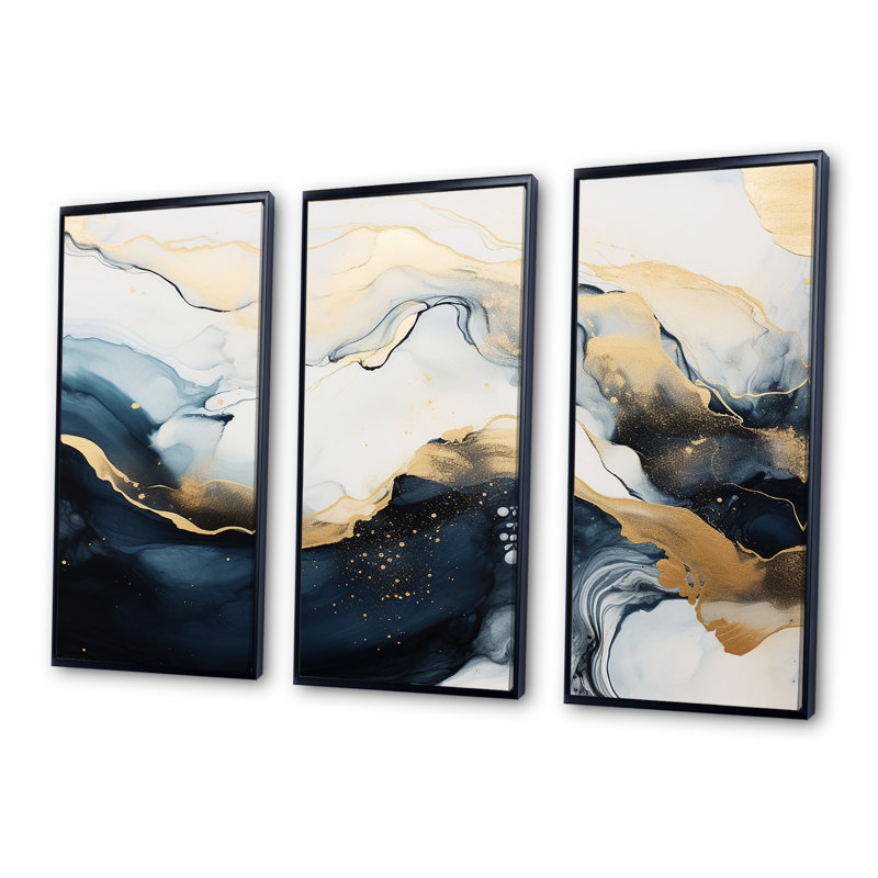 Encre de marbre abstraite dorée et bleue II - décoration murale en marbre, H 28 po x l 36 po x P 1 po, Cadre flottant noir