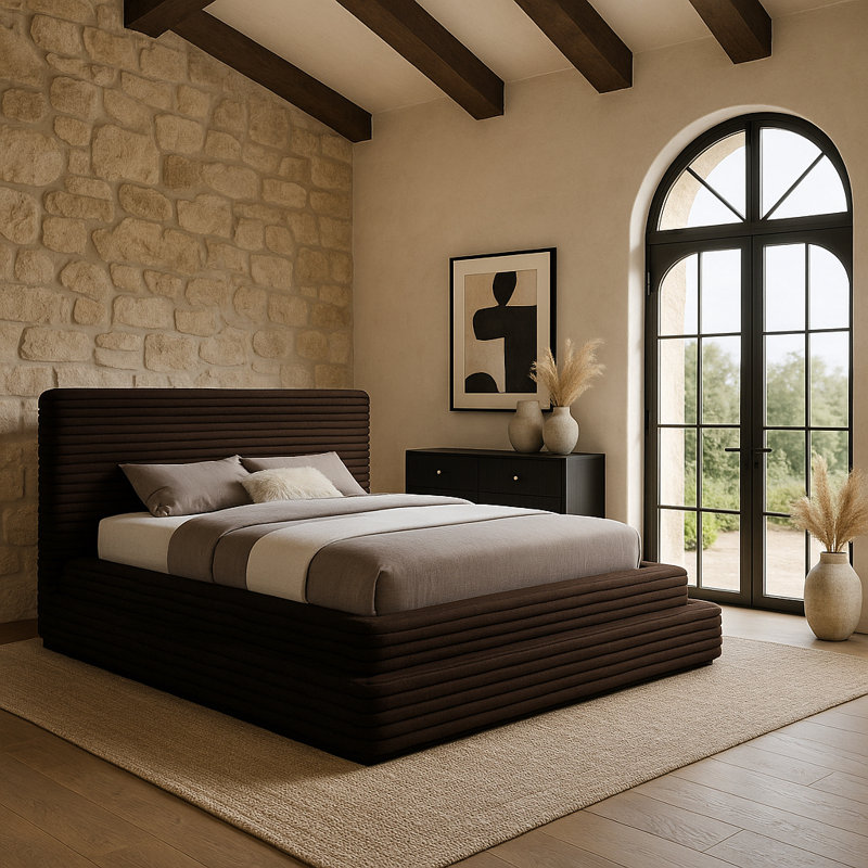 Lit en velours côtelé Cozzens, Très grand, Tissu côtelé en velours brun