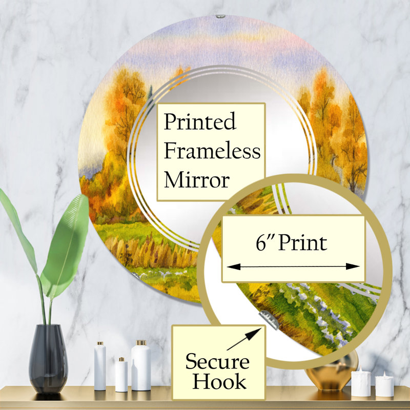Meules de foin sur un champ de campagne en couleurs d'automne - Miroir mural rond, 32 po x 32 po