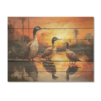 Playful Sunset Duck Wonders - Duck Wood Art On Natural Pine Wood