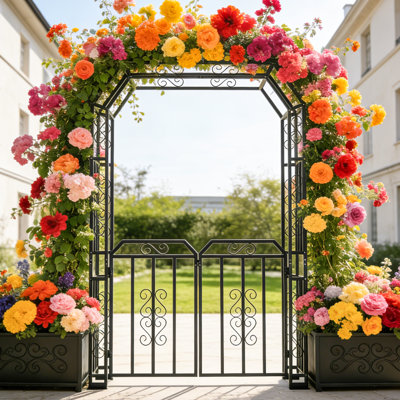 Heavy-Duty Metal Garden Arch with Locking Gates – Outdoor Arbor Trellis for Climbing Plants, Wedding & Patio 59"W x 16"D x 95"H Black