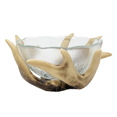 Rustic Decorative Faux Antler With Glass Bowl – Western Cabin Lodge Table Decor With Resin Antler Base – Unique Nature-Inspired Centerpiece Gift For Hunters, Nature Lovers, Housewarming,Office Or Home