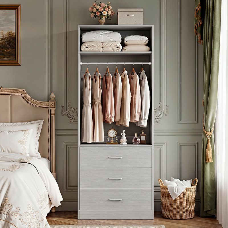 Freestanding Small 24" Closet System With 3 Wood Drawers, Gray, 80" H x 24" W x 15" D